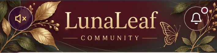 LunaLeaf Community in elegant gold lettering, surrounded by realistic golden leaves and an outlined butterfly
